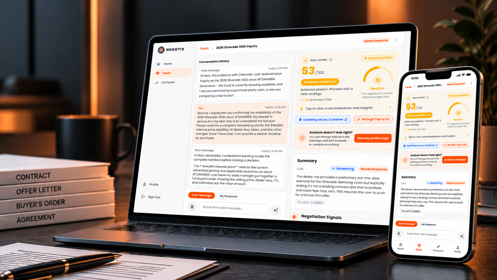 Negotix desktop and mobile views of a truck purchase negotiation, showing a Deal Score of 53, negotiation summary, and conversation history