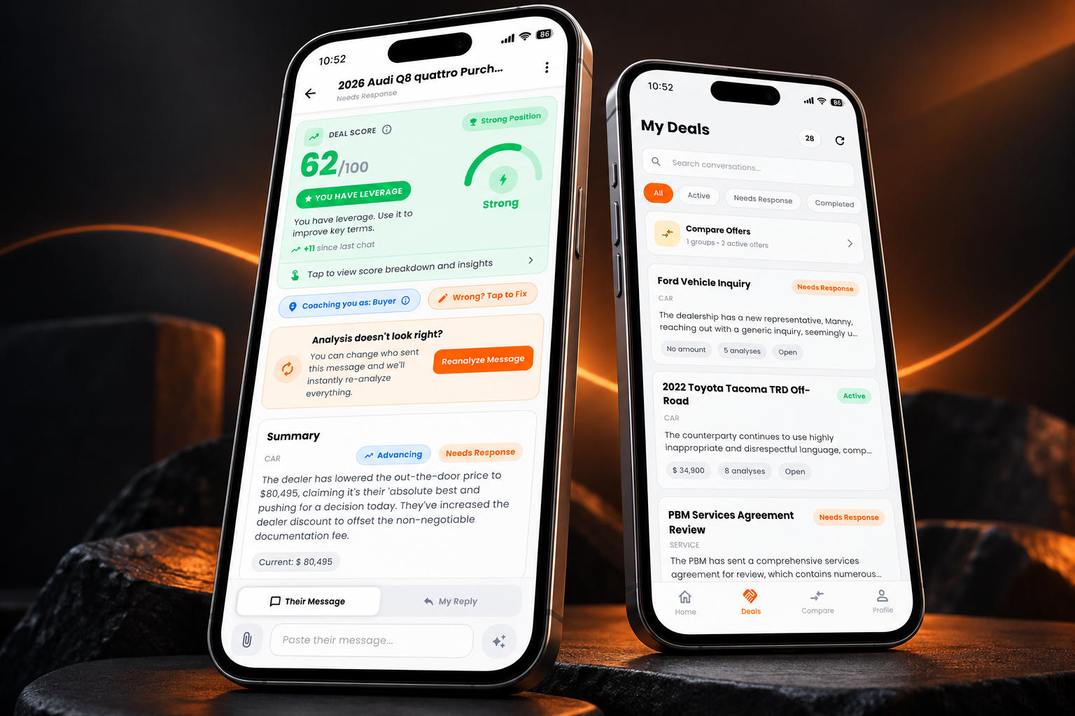 Negotix app showing a car purchase negotiation with a Deal Score of 62 and leverage guidance, next to the My Deals list of active negotiations