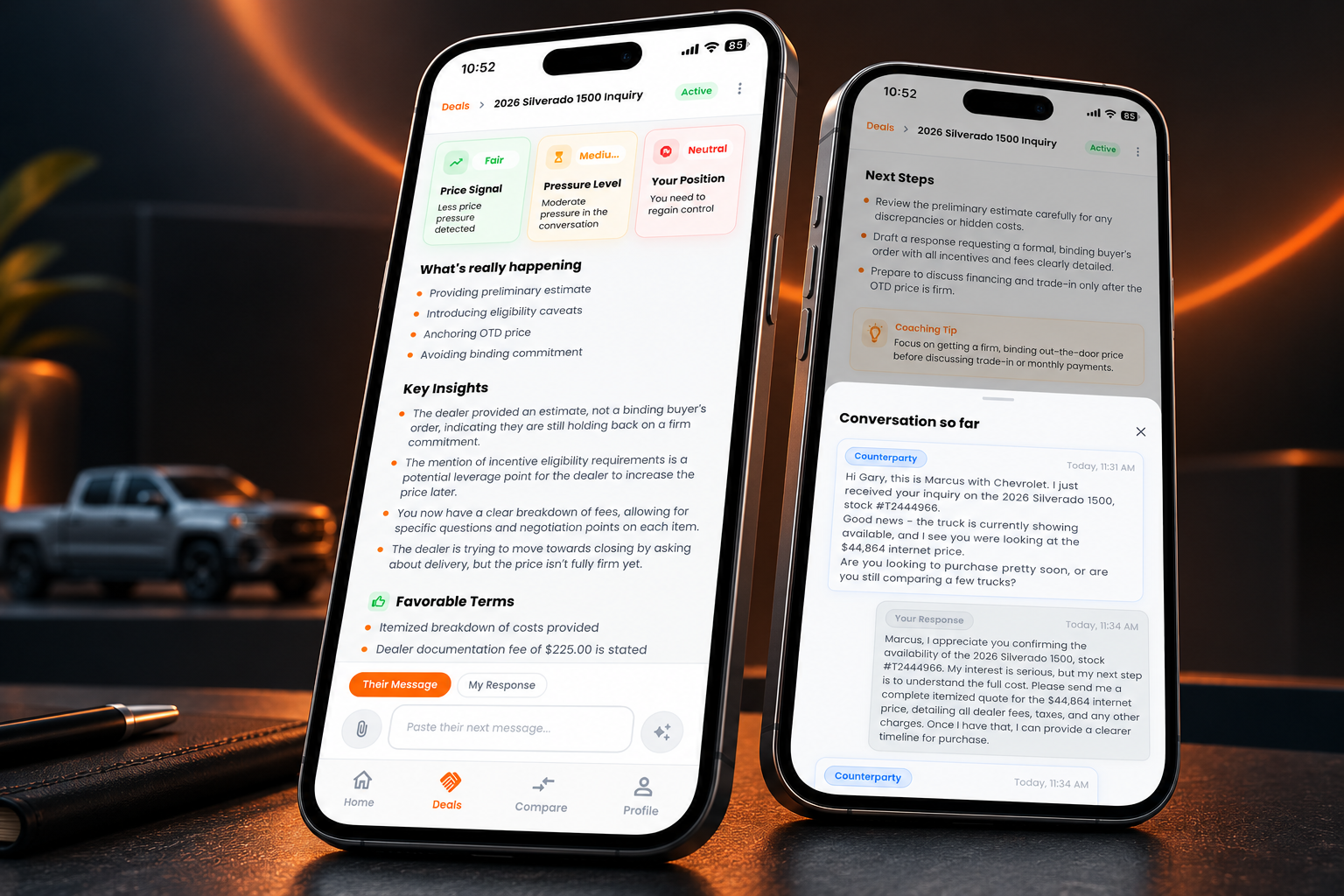 Negotix app showing a truck purchase negotiation with price signal, pressure level, key insights, and conversation history